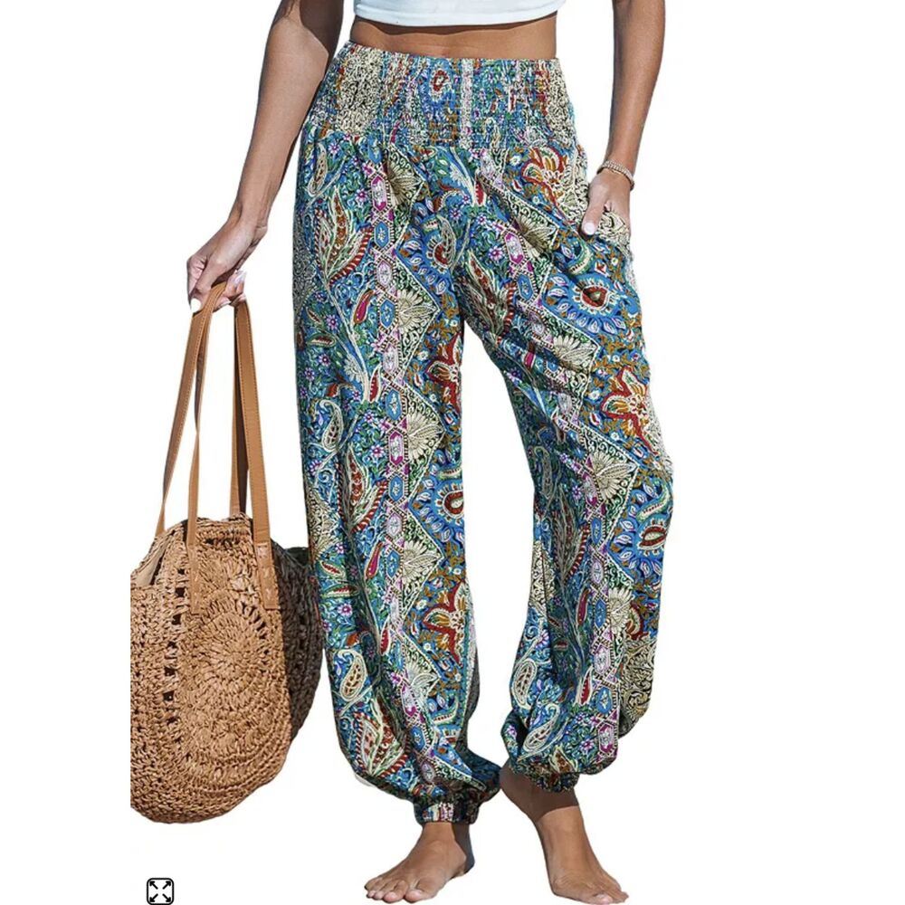 NWT Cupshe Multi-color Paisley Smocked Waist Tapered Leg Joggers Pockets M 6-8